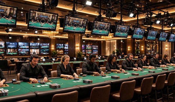 Studio live casino với các dealer ngồi tại bàn dài màu xanh lá và màn hình phía trên