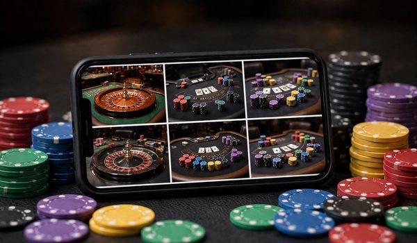 Điện thoại hiển thị nhiều bàn casino trực tuyến, xung quanh là các chip casino nhiều màu