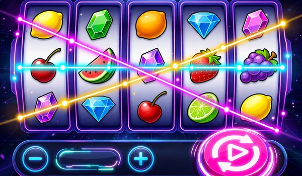 Giao diện máy slot với nút quay, mức cược và payline hiển thị rõ